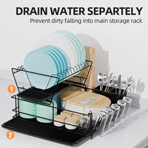 Buruis 2 Tier Dish Drying Rack with 2 Drainboard, Small Dish Rack with Cutting Board Cutlery Holder, Cup Rack, Compact Metal Dish Drainer Tray for Kitchen Counter Cabinet (Black)