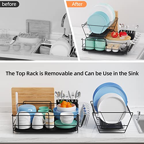 Buruis 2 Tier Dish Drying Rack with 2 Drainboard, Small Dish Rack with Cutting Board Cutlery Holder, Cup Rack, Compact Metal Dish Drainer Tray for Kitchen Counter Cabinet (Black)