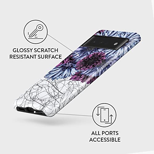 BURGA Phone Case Compatible with Google Pixel 6 PRO - Hybrid 2-Layer Hard Shell + Silicone Protective Case -Dazzling Purple Dahlia Floral Print Pattern Doodle - Scratch-Resistant Shockproof Cover