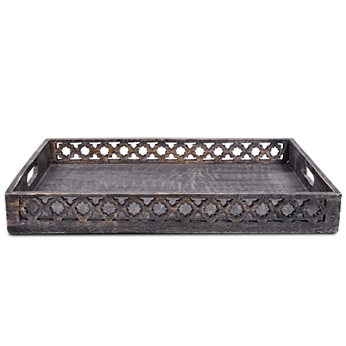 Mela Artisans Farmhouse & TV Ottoman Wooden Serving Tray - Large, Trellis Blackwash | Decorative Mango Wood | Serve Breakfast, Other Foods, Coffee and Tea | Rustic Home Decor | 20" x 14” x 2.5”