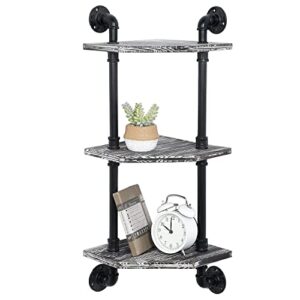 mygift wall mounted 3 tier rustic torched solid wood corner shelf unit, hanging display bathroom shelves with industrial metal pipe frame
