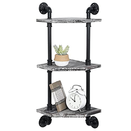 MyGift Wall Mounted 3 Tier Rustic Torched Solid Wood Corner Shelf Unit, Hanging Display Bathroom Shelves with Industrial Metal Pipe Frame