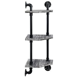 MyGift Wall Mounted 3 Tier Rustic Torched Solid Wood Corner Shelf Unit, Hanging Display Bathroom Shelves with Industrial Metal Pipe Frame