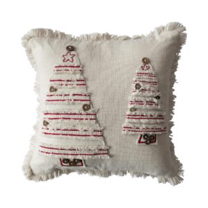 creative co-op square cotton pillow with embroidered tree and fringe, natural and red