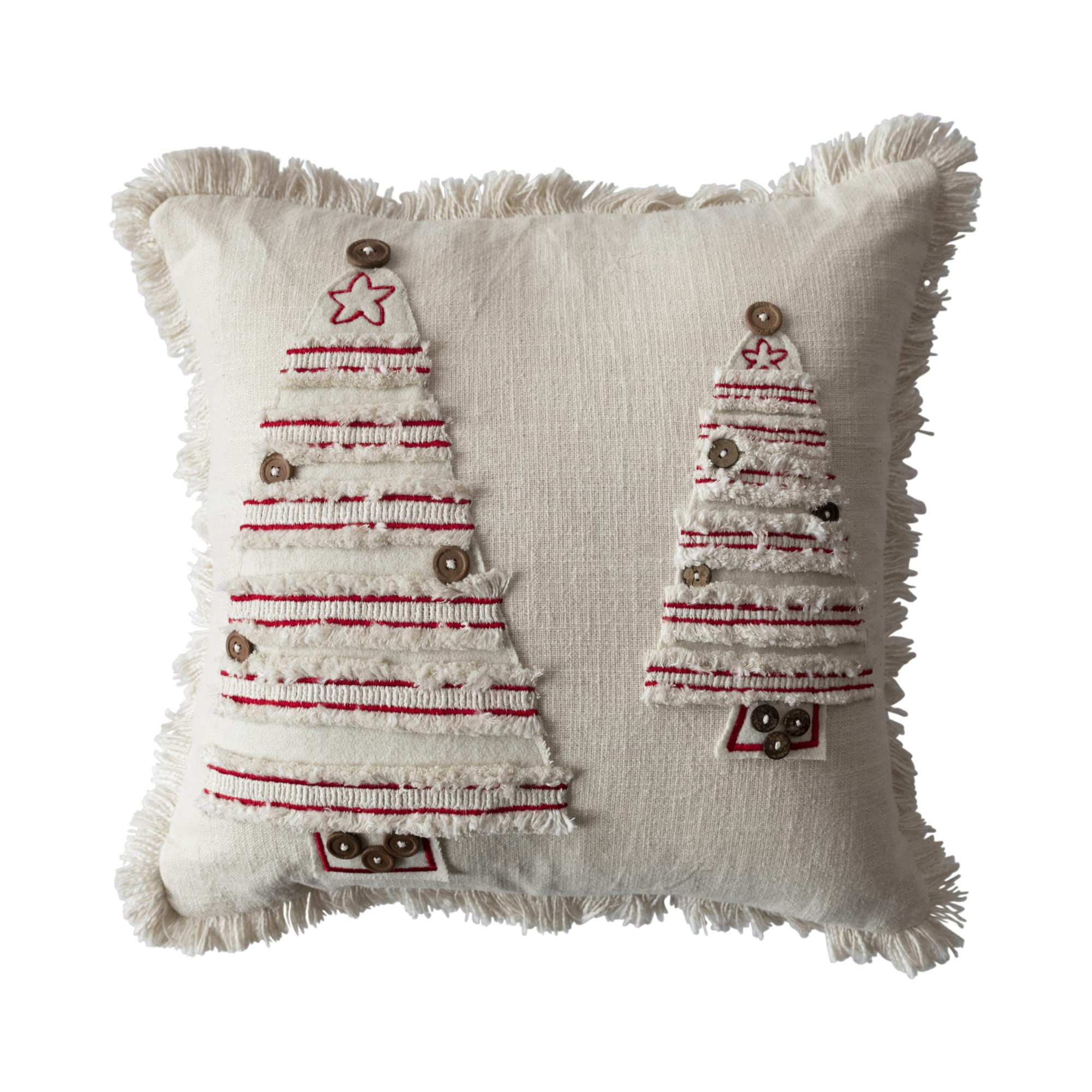 Creative Co-Op Square Cotton Pillow with Embroidered Tree and Fringe, Natural and Red