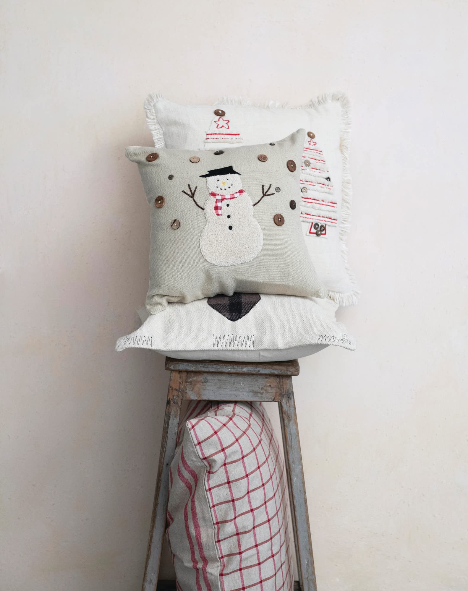 Creative Co-Op Square Cotton Pillow with Embroidered Tree and Fringe, Natural and Red