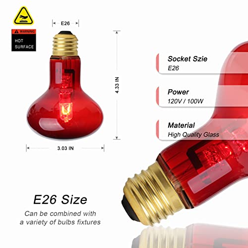 100W Red Reptile Heat Lamp, Infrared UVA Basking Spot Bulb, Red Glass Cover Heat Bulbs for Reptiles and Amphibian Use, Gecko, Snake, Lizard, Ball Python, Chameleon, 2 Pack