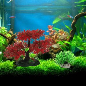 alfyng Aquarium Artificial Plastic Large Plants Decorations, 5pcs Cherry Blossom Tree & Grass Aquarium Decor, Goldfish Tank Decorations Set, Fish Tank Hides Simulation Tree Decoration Kit (Red)