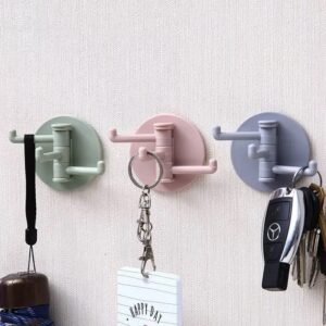 rotatable adhesive three prong wall hooks everyday essentials (4pcs), blue,grey,green,pink