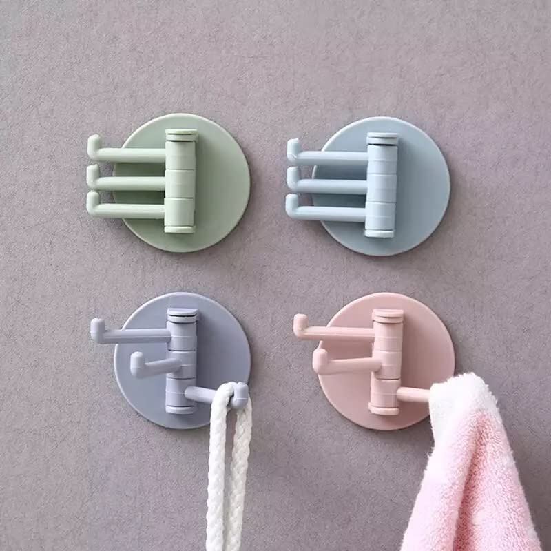 Rotatable Adhesive Three Prong Wall Hooks Everyday Essentials (4pcs), Blue,Grey,Green,Pink