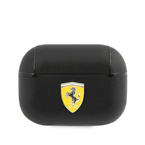 ferrari airpods case cover in black, compatible with apple airpods pro, pu leather protective hard case, shockproof, wireless charging, and signature metal logo