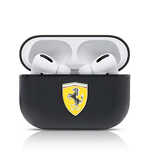 Ferrari AirPods Case Cover in Black, Compatible with Apple AirPods Pro, PU Leather Protective Hard Case, Shockproof, Wireless Charging, and Signature Metal Logo