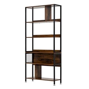 lavievert 5 tier farmhouse bookshelf, rustic wood and metal free standing bookcase, industrial vintage display shelf unit for living room, bedroom and home office - brown