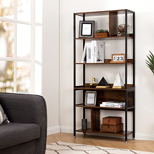LAVIEVERT 5 Tier Farmhouse Bookshelf, Rustic Wood and Metal Free Standing Bookcase, Industrial Vintage Display Shelf Unit for Living Room, Bedroom and Home Office - Brown