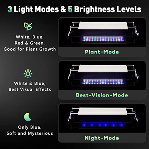 LAQUAL LED Aquarium Light (for 16-24in Fish Tank), Waterproof Fish Tank Light, 3 Modes (Best-Vision-Mode, Night-Mode, Plant-Mode), 5 Brightness & 3 Time Settings, Extendable Brackets, 11W, UL Approved