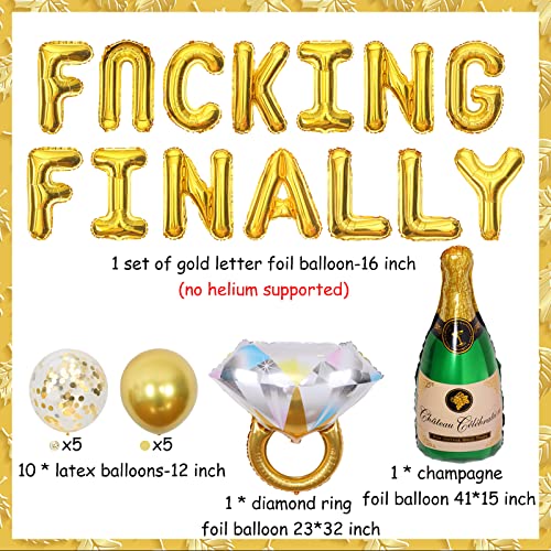 Bachelorette Party Decorations Kit Gold-Fcuking Finally Bachelor Party Decor with Diamond Ring and Champagne Foil Balloons for Engagement Bridal Shower Hen Party Supplies