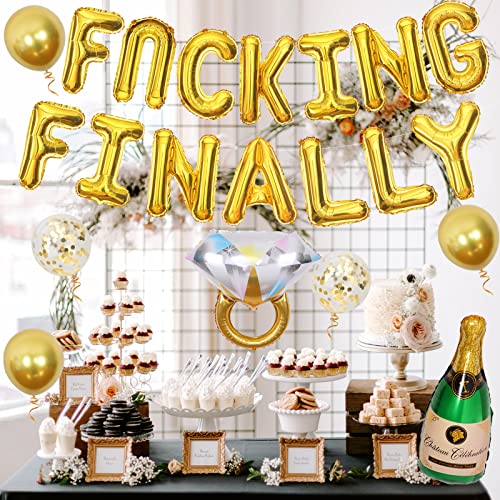 Bachelorette Party Decorations Kit Gold-Fcuking Finally Bachelor Party Decor with Diamond Ring and Champagne Foil Balloons for Engagement Bridal Shower Hen Party Supplies