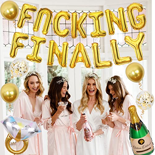 Bachelorette Party Decorations Kit Gold-Fcuking Finally Bachelor Party Decor with Diamond Ring and Champagne Foil Balloons for Engagement Bridal Shower Hen Party Supplies