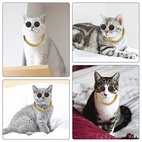 Molain Cat Sunglasses Gold Chain Costume Decorations- Cat UV Protection Classic Retro Puppy Retro Black Sunglasses Faux Gold Adjustable Chain Cosplay Costume Cool Funny Photo Props