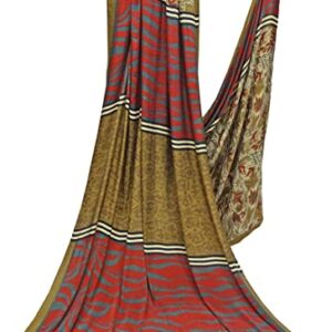 Peegli Indian Women's Crepe Silk Abstract Saree Vintage Green Sari Textile DIY 5 Yards Fabric