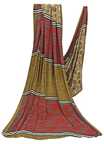 Peegli Indian Women's Crepe Silk Abstract Saree Vintage Green Sari Textile DIY 5 Yards Fabric