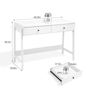 JOINHOM White Desk with 2 Drawers, Home Office Studying Working Desk, Makeup Vanity Table Desk for Bedroom