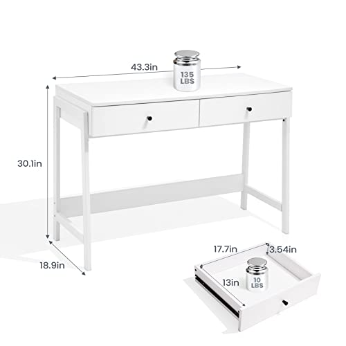 JOINHOM White Desk with 2 Drawers, Home Office Studying Working Desk, Makeup Vanity Table Desk for Bedroom