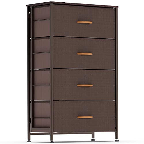 DHMAKER Fabric Dresser for Bedroom, Vertical Dresser Storage Tower, Steel Frame, Wood Top, Easy Pull Textured Fabric Bins, Organizer Unit for Bedroom, Hallway, Entryway, Closets, 4 Drawers, Coffee