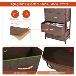 DHMAKER Fabric Dresser for Bedroom, Vertical Dresser Storage Tower, Steel Frame, Wood Top, Easy Pull Textured Fabric Bins, Organizer Unit for Bedroom, Hallway, Entryway, Closets, 4 Drawers, Coffee