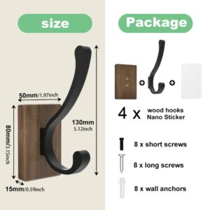 bussdis Wood Wall Hooks for Hanging - 4 Pack Hooks Wall Mounted, Wooden Rustic Farmhouse Heavy Duty Towel Hooks, Hooks for Coats, Towel, Hat, Keys, Purse, Bag and Robe