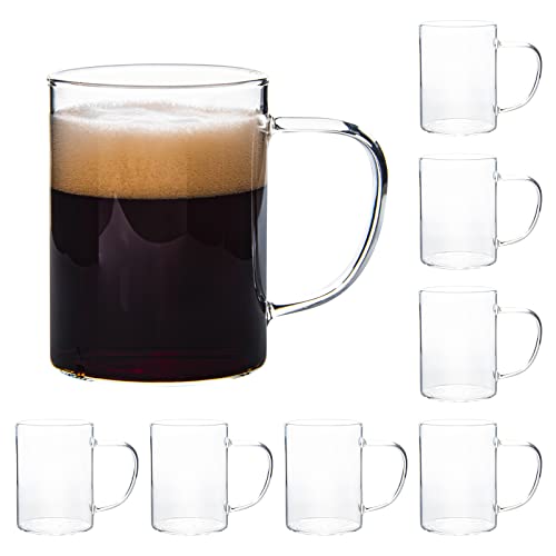 HAKEEMI Glass Coffee Mugs Set of 8, 15 oz Clear Coffee Cups with Handles for Latte, Mocha, Cappuccino, Espresso, Hot/Cold Beverages, Tea