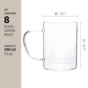 HAKEEMI Glass Coffee Mugs Set of 8, 15 oz Clear Coffee Cups with Handles for Latte, Mocha, Cappuccino, Espresso, Hot/Cold Beverages, Tea