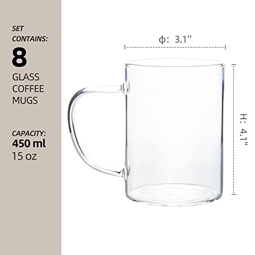 HAKEEMI Glass Coffee Mugs Set of 8, 15 oz Clear Coffee Cups with Handles for Latte, Mocha, Cappuccino, Espresso, Hot/Cold Beverages, Tea