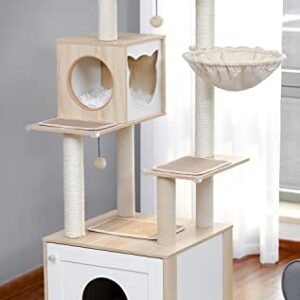 PETEPELA Modern Cat Tree Wood Cat Tower with Storage Cabinet Litter Box Enclosure and Spacious Cat Condo, Large Top Perch and Hammock, Sisal Covered Scratching Posts for Cats Beige