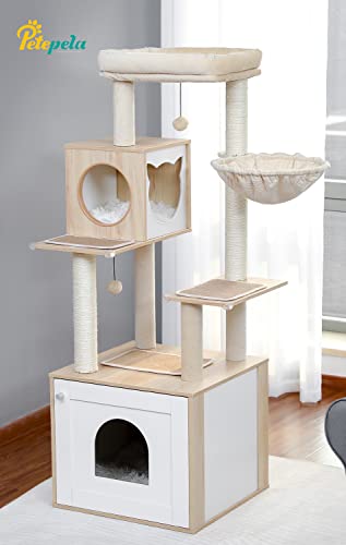 PETEPELA Modern Cat Tree Wood Cat Tower with Storage Cabinet Litter Box Enclosure and Spacious Cat Condo, Large Top Perch and Hammock, Sisal Covered Scratching Posts for Cats Beige