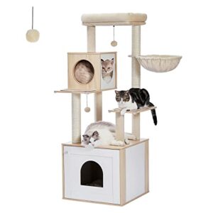 petepela modern cat tree wood cat tower with storage cabinet litter box enclosure and spacious cat condo, large top perch and hammock, sisal covered scratching posts for cats beige