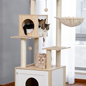 PETEPELA Modern Cat Tree Wood Cat Tower with Storage Cabinet Litter Box Enclosure and Spacious Cat Condo, Large Top Perch and Hammock, Sisal Covered Scratching Posts for Cats Beige