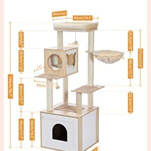 PETEPELA Modern Cat Tree Wood Cat Tower with Storage Cabinet Litter Box Enclosure and Spacious Cat Condo, Large Top Perch and Hammock, Sisal Covered Scratching Posts for Cats Beige