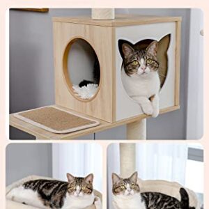 PETEPELA Modern Cat Tree Wood Cat Tower with Storage Cabinet Litter Box Enclosure and Spacious Cat Condo, Large Top Perch and Hammock, Sisal Covered Scratching Posts for Cats Beige