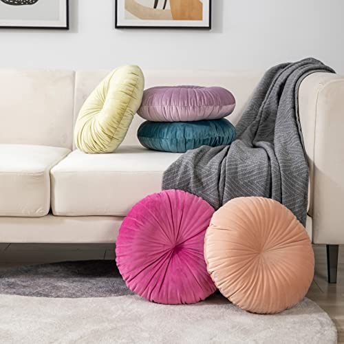 HLOVME Round Pillow Cushion for Couch Velvet Decorative Small Throw Pillow Solid Color for Living Room Bed Floor 15.7”, Hot Pink