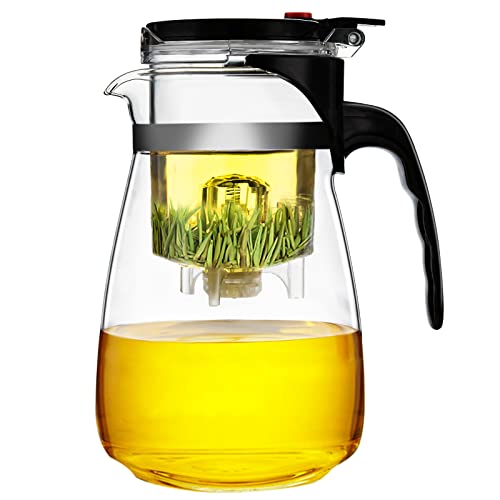 PARACITY Glass Teapot 34 OZ, Brewing Time Controlled with One Button Press to Filter the Tea Soup, Glass Tea Pot with Removable Plastic Infuser, Blooming and Loose Leaf Tea Maker, Borosilicate Blass