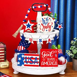 10 pcs 4th of july tiered tray decor set patriotic tiered tray decor american star wood signs rustic farmhouse decor red white blue signs independence day decoration for home shelf (fresh style)