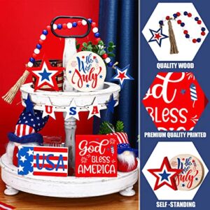 10 Pcs 4th of July Tiered Tray Decor Set Patriotic Tiered Tray Decor American Star Wood Signs Rustic Farmhouse Decor Red White Blue Signs Independence Day Decoration for Home Shelf (Fresh Style)