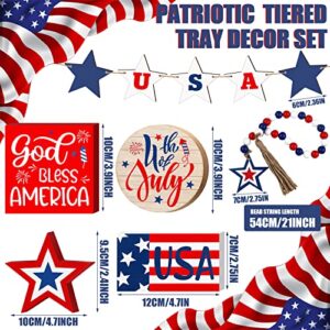 10 Pcs 4th of July Tiered Tray Decor Set Patriotic Tiered Tray Decor American Star Wood Signs Rustic Farmhouse Decor Red White Blue Signs Independence Day Decoration for Home Shelf (Fresh Style)