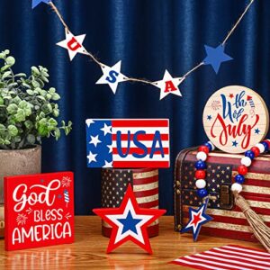 10 Pcs 4th of July Tiered Tray Decor Set Patriotic Tiered Tray Decor American Star Wood Signs Rustic Farmhouse Decor Red White Blue Signs Independence Day Decoration for Home Shelf (Fresh Style)