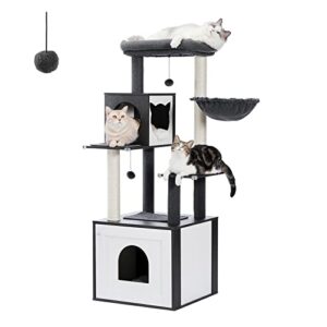 petepela modern cat tree wood cat tower with storage cabinet litter box enclosure and spacious cat condo, large top perch and hammock, sisal covered scratching posts for cats black