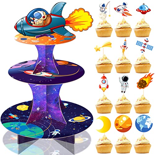 25 Pieces Space Cupcake Topper Decorations Set 24 Pcs Outer Space Cupcake Toppers with Space Party Favors Cupcake Stand Space Themed Baby Shower for Kids Boys Space Birthday Party Supplies