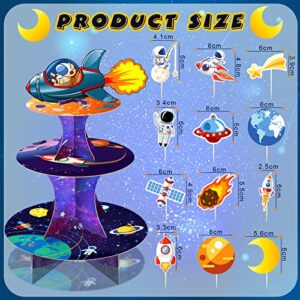 25 Pieces Space Cupcake Topper Decorations Set 24 Pcs Outer Space Cupcake Toppers with Space Party Favors Cupcake Stand Space Themed Baby Shower for Kids Boys Space Birthday Party Supplies