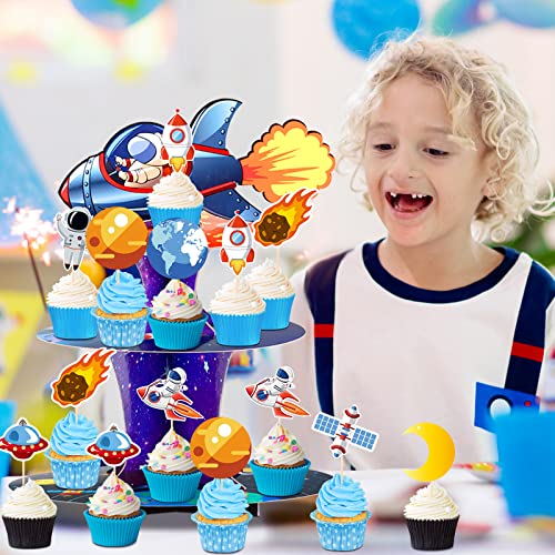 25 Pieces Space Cupcake Topper Decorations Set 24 Pcs Outer Space Cupcake Toppers with Space Party Favors Cupcake Stand Space Themed Baby Shower for Kids Boys Space Birthday Party Supplies