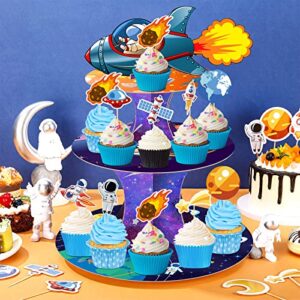 25 Pieces Space Cupcake Topper Decorations Set 24 Pcs Outer Space Cupcake Toppers with Space Party Favors Cupcake Stand Space Themed Baby Shower for Kids Boys Space Birthday Party Supplies